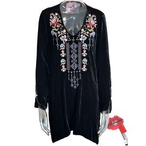 Johnny Was Black Velvet Tunic Top Women‎ XL Mini Dress Embroidered Blouse BOHO